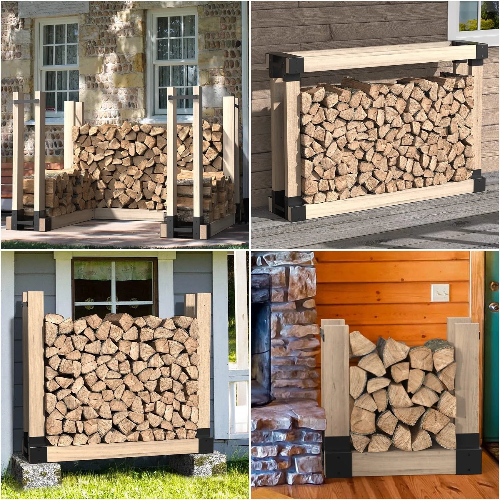 Mr IRONSTONE Adjustable Firewood Log Storage Rack Bracket Kit - Convenient Wood Rack Length Adjustment - Outdoor Indoor Patio Deck Metal Log Holder with 34 Accessories