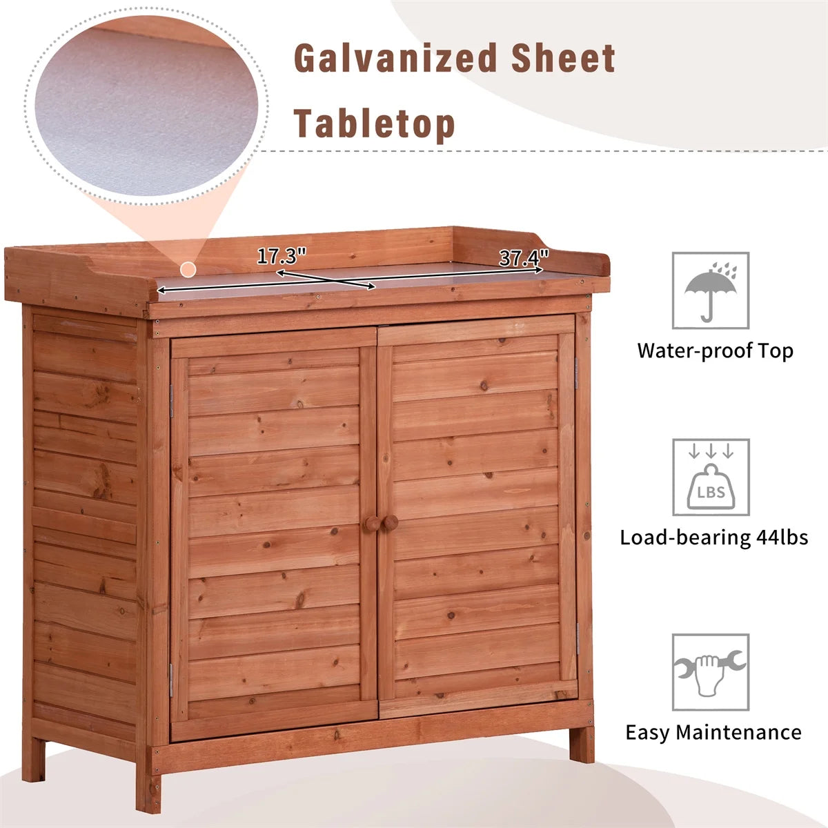 Potting Bench Table, Wooden Patio Workstation Storage Cabinet Garden Shed with 2-Tier Shelves & Side Hook, Outdoor Potting Bench Work Bench for Backyard Courtyards, 39''Lx19.1''Wx37.4''H, Orange
