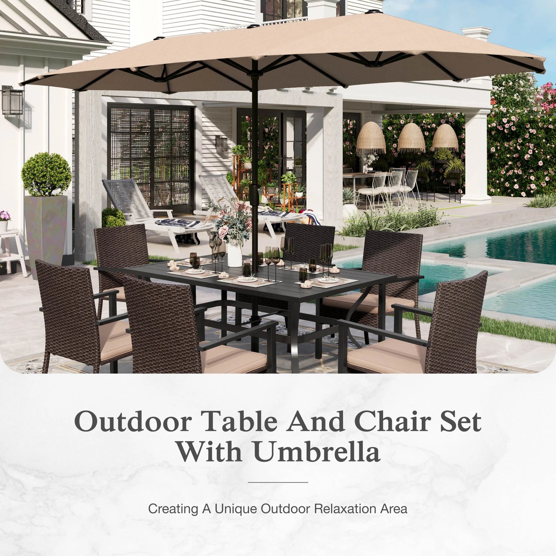 Alpha Joy 8-Piece Outdoor Patio Dining Set with 13 ft Umbrella, Rattan Chairs & Rectangle Table Set for 6, Beige Umbrella