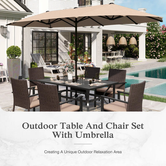 Alpha Joy 8-Piece Outdoor Patio Dining Set with 13 ft Umbrella, Rattan Chairs & Rectangle Table Set for 6, Beige Umbrella