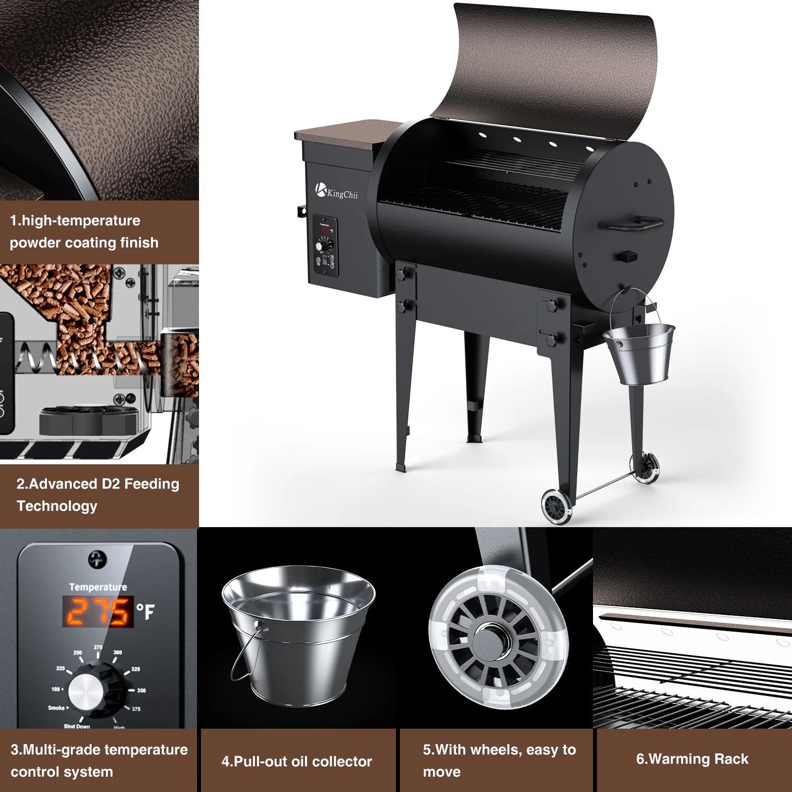 KingChii 456 sq. in Wood Pellet Smoker & Grill BBQ with Auto Temperature Control, Folding Legs for Outdoor Patio RV, Bronze