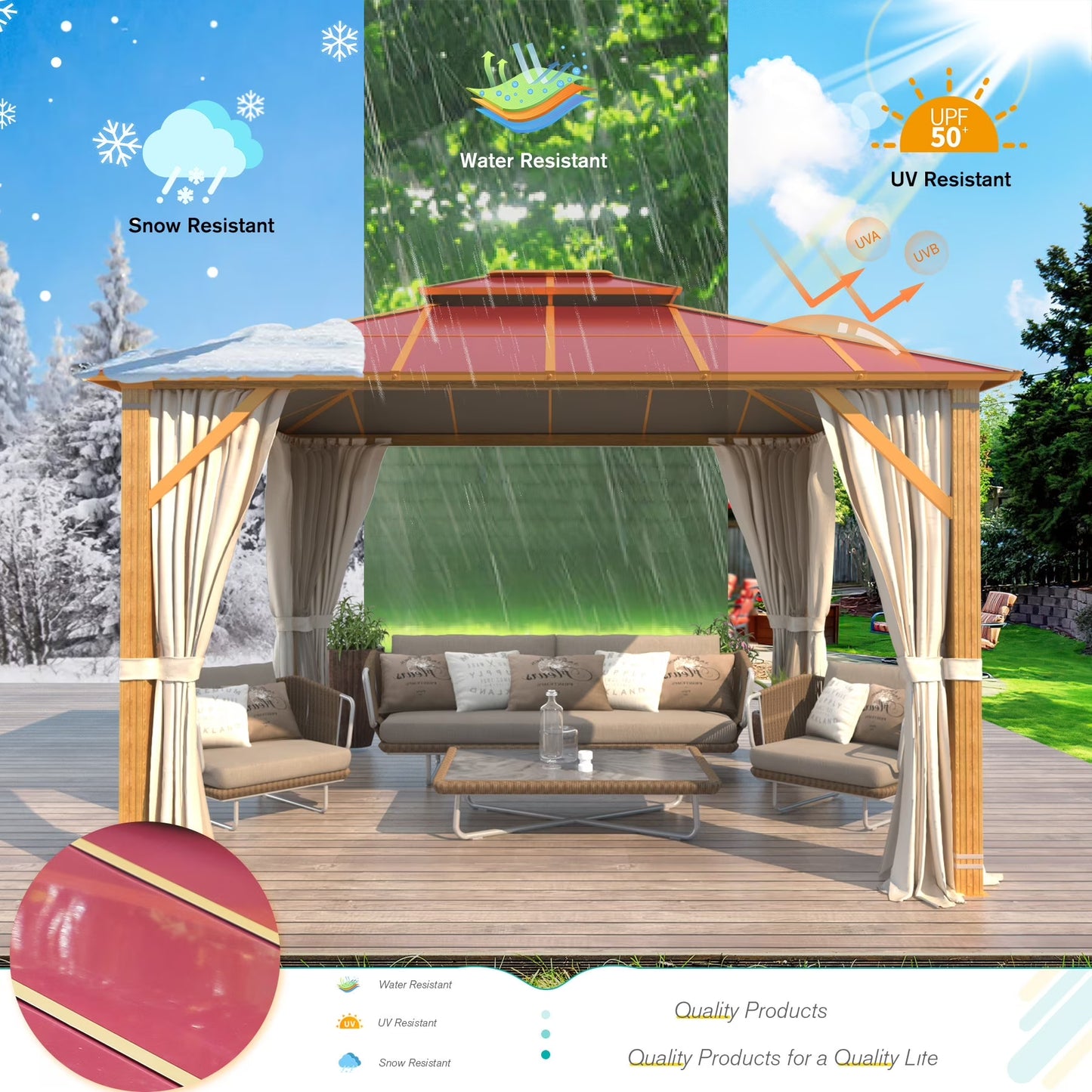 Erommy Hardtop Gazebo, Waterproof Aluminum Pavilion with Netting & Curtains for Patio, Garden Dusty Blue 10'x12'