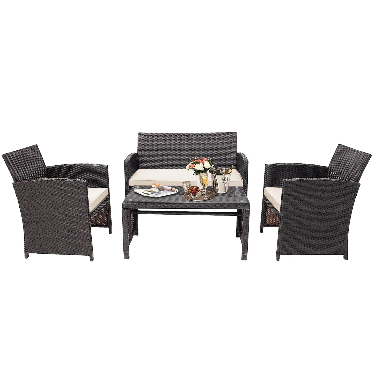 Costway 4PCS Patio Rattan Furniture Set Cushioned Chair Sofa Coffee Table White Modern Outdoor Furniture Set For Four