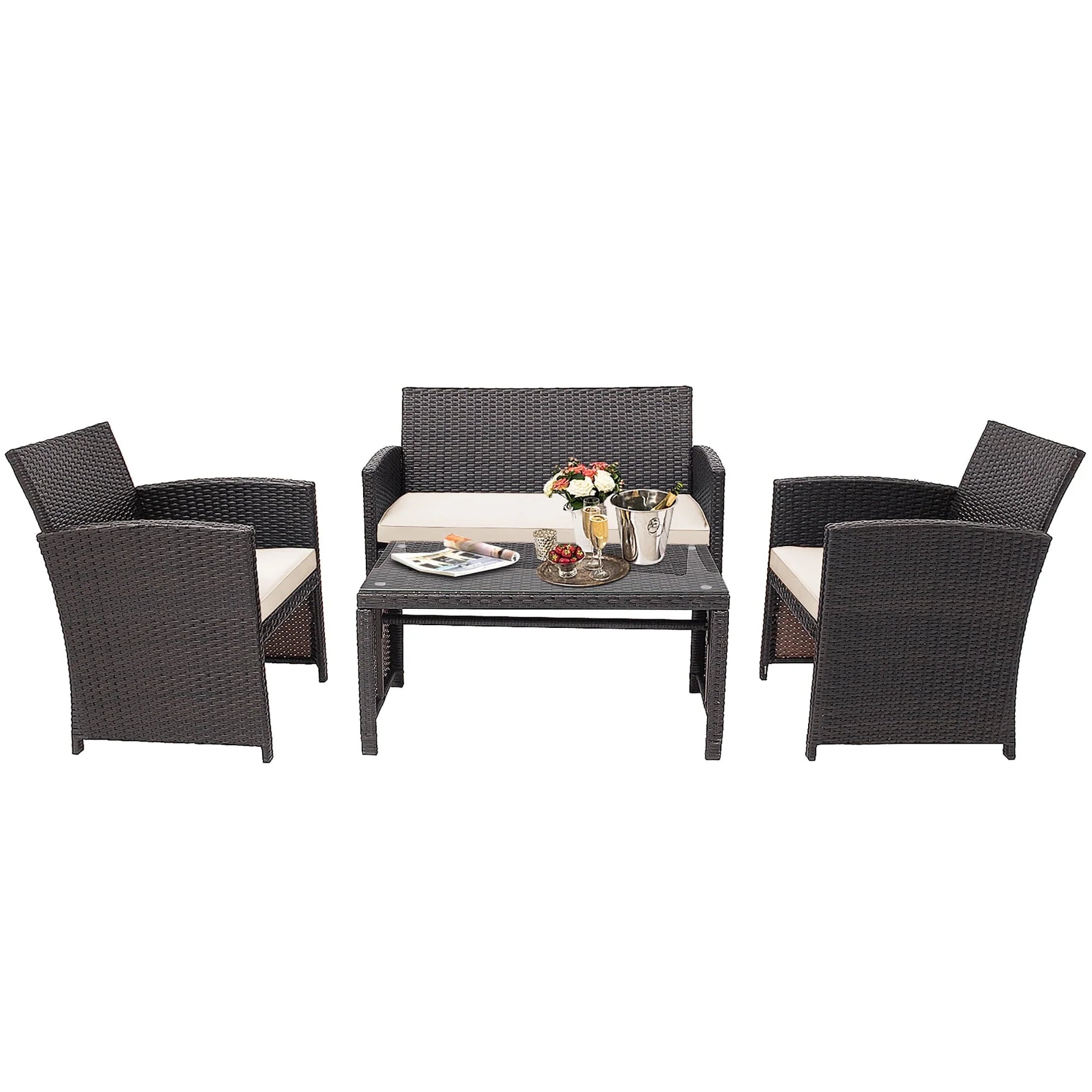 Costway 4PCS Patio Rattan Furniture Set Cushioned Chair Sofa Coffee Table White Modern Outdoor Furniture Set For Four