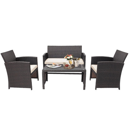 Costway 4PCS Patio Rattan Furniture Set Cushioned Chair Sofa Coffee Table White Modern Outdoor Furniture Set For Four