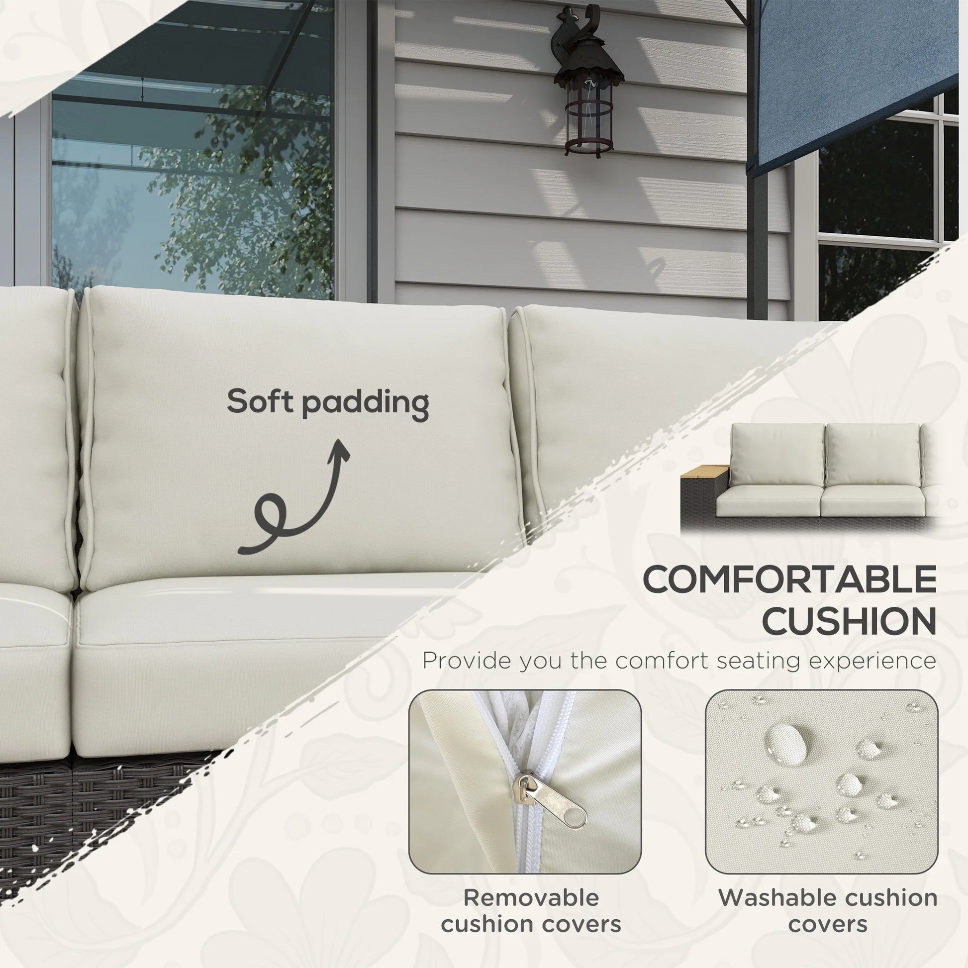 Outsunny Thick Cushioned 3-Seater Outdoor Sofa, Wood Grain Wide Armrests, Patio Couch, Beige