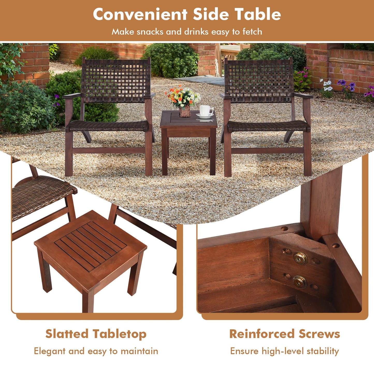 Gymax 3PCS Rattan Patio Chair & Table Set Outdoor Furniture Set w/Wooden Frame