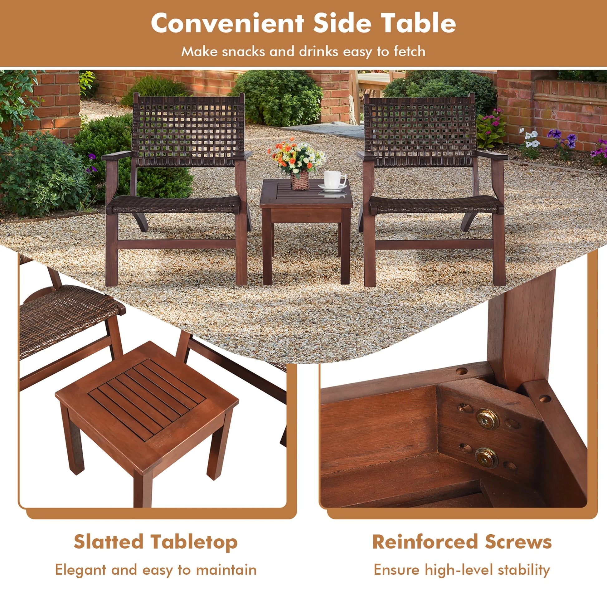 Gymax 3PCS Rattan Patio Chair & Table Set Outdoor Furniture Set w/Wooden Frame