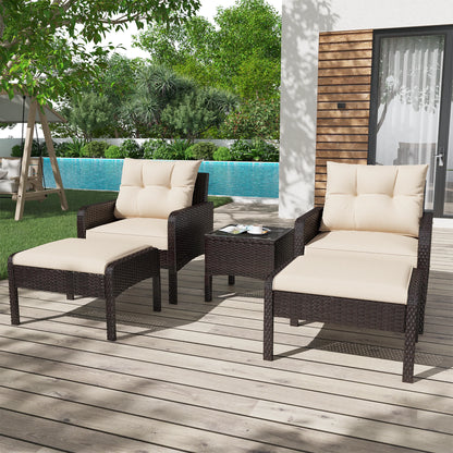 AECOJOY 5 Piece Patio Furniture Set Rattan Wicker Chair with Table Ottoman Patio Conversation Set for Porch in Beige