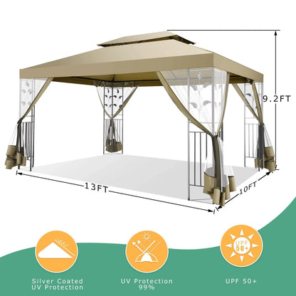Hoteel 10'x 13' Metal Patio Gazebo, Outdoor Gazebo Canopy Tent for Backyard with Mosquito Netting, Gazebos Shelter with Steel Frame, Patio Covers for Shade and Rain, Khaki