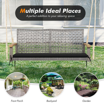 Costway 2-Person Patio Wicker Hanging Swing Chair Loveseat Cushion Porch Black