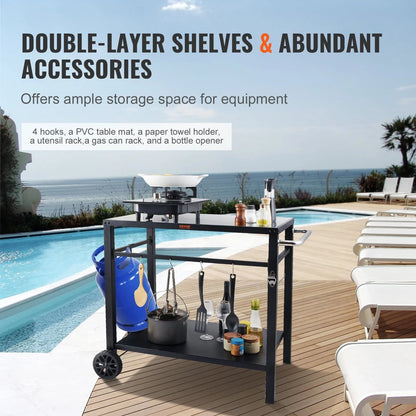 BENTISM Outdoor Grill Dining Cart Double-Shelf BBQ Movable Food Prep Trolley Patio