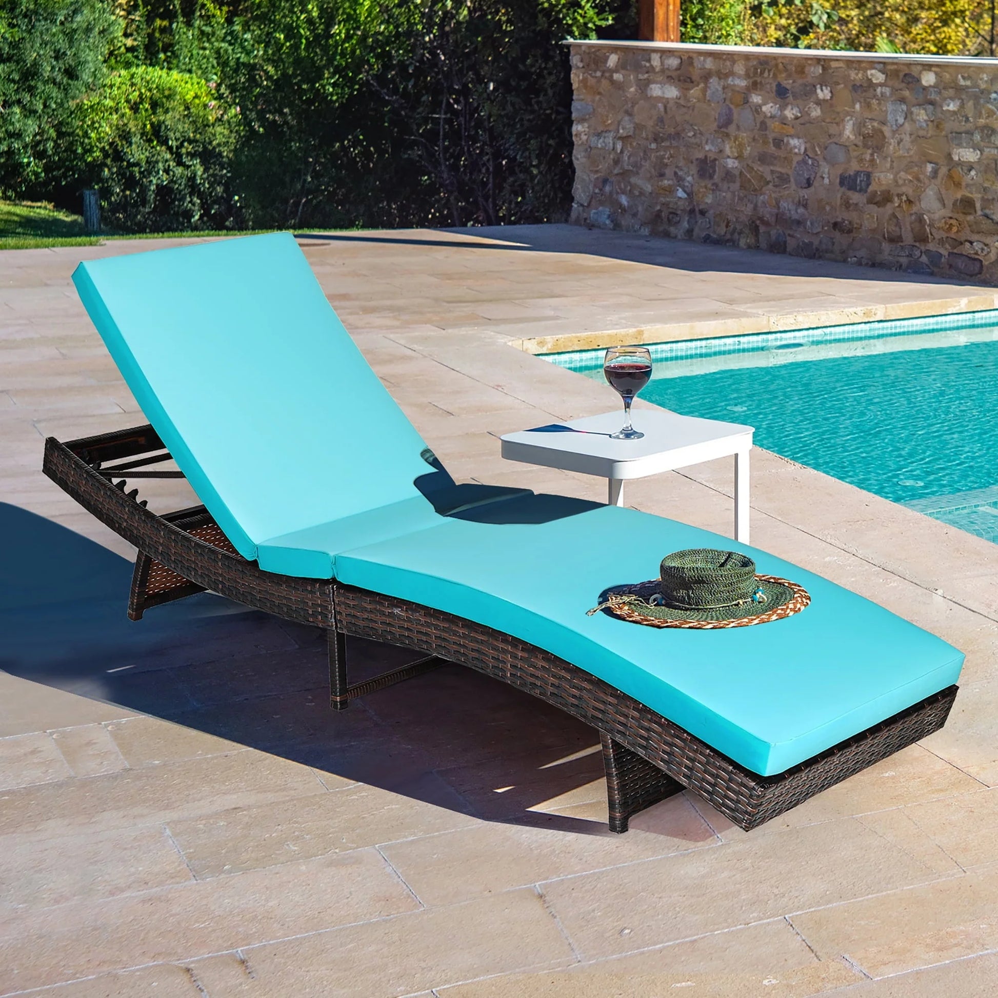 Costway Patio Rattan Folding Lounge Chair Chaise Adjustable W/Turquoise Cushion