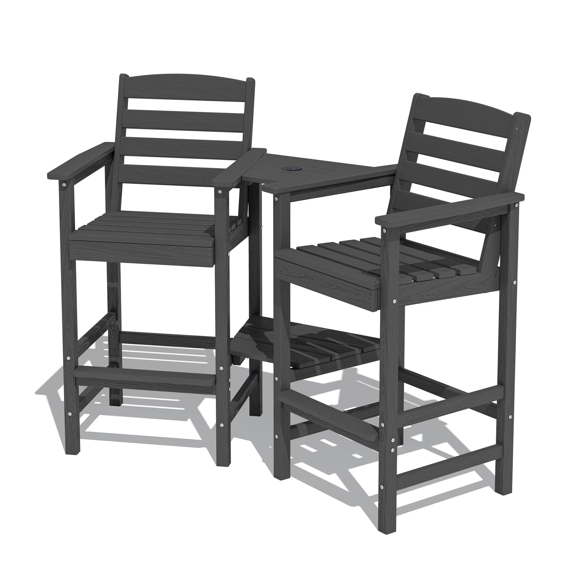 JUSTLET Tall Adirondack Chair Set of 2 with Double Connecting Tray, HDPE Weather Resistant Patio Bar Stools, Grey