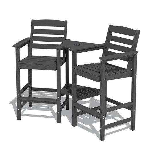 JUSTLET Tall Adirondack Chair Set of 2 with Double Connecting Tray, HDPE Weather Resistant Patio Bar Stools, Grey