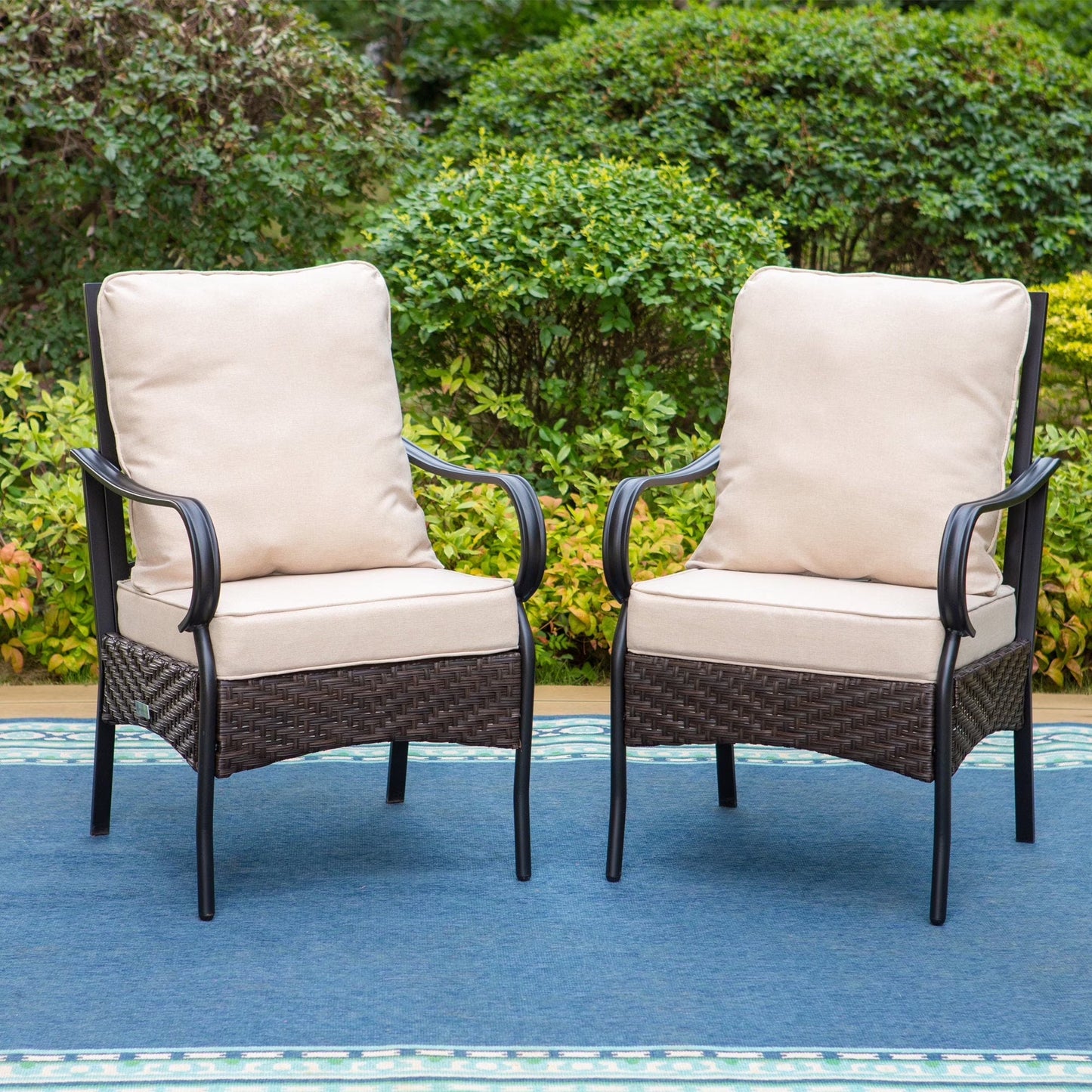 Summit Living Outdoor Patio Swivel Dining Chairs Set of 2 with Cushions, Wicker Outdoor Lounge Chair, Black & Beige
