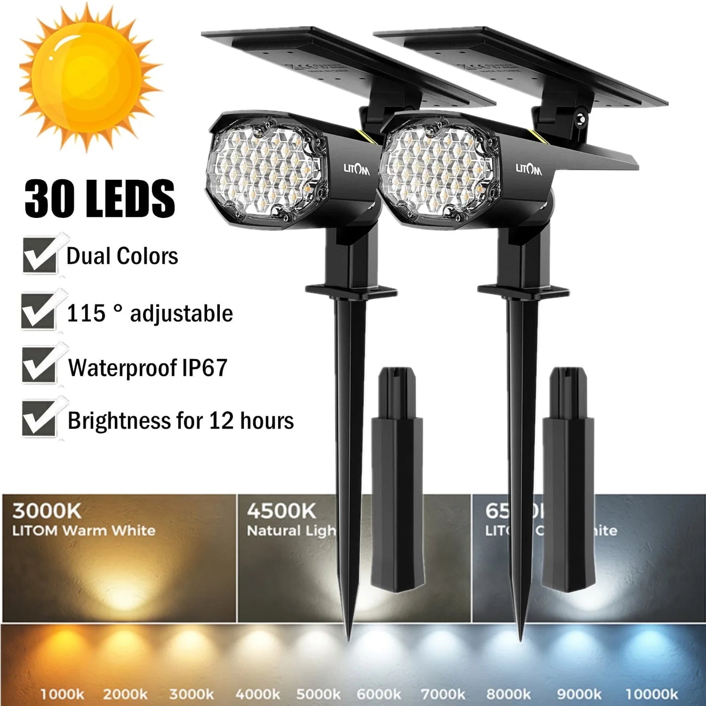 30 LED Outdoor Solar Landscape Spotlights Pro, IP67 Waterproof Wall Light for Yard Garden Driveway Porch Walkway Pool Patio Cold & Warm White -2 Pack