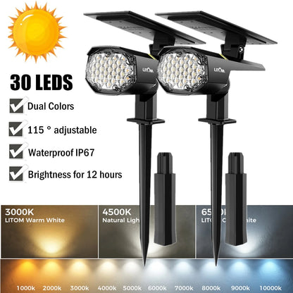 30 LED Outdoor Solar Landscape Spotlights Pro, IP67 Waterproof Wall Light for Yard Garden Driveway Porch Walkway Pool Patio Cold & Warm White -2 Pack