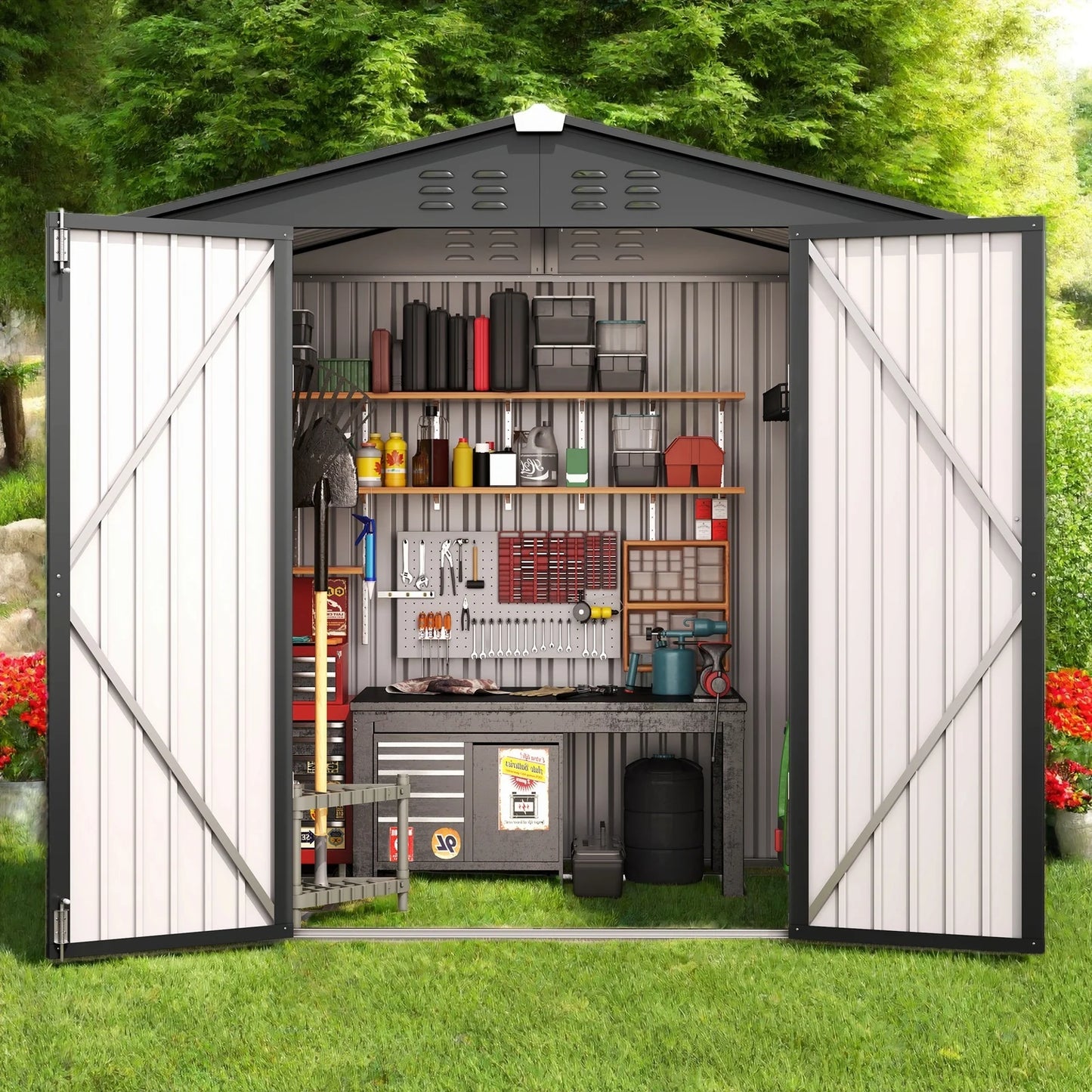 6x4FT Metal Outdoor Storage Shed, Garden Tool Shed with Lockable Doors & Slooping Roof for Backyard,Patio,Dark Grey
