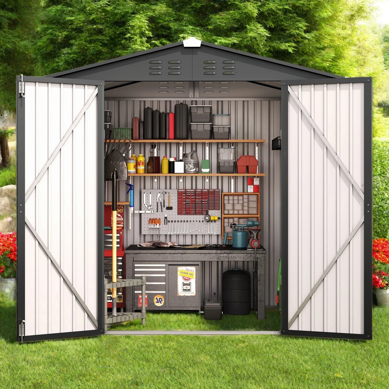 6x4FT Metal Outdoor Storage Shed, Garden Tool Shed with Lockable Doors & Slooping Roof for Backyard,Patio,Dark Grey