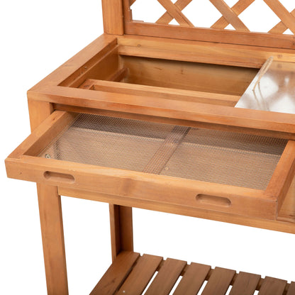 Outsunny Garden Potting Bench, Outdoor Wooden Workstation Table w/Metal Screen, Drawer, Hooks, Storage Shelf, and Lattice Back for Patio and Porch