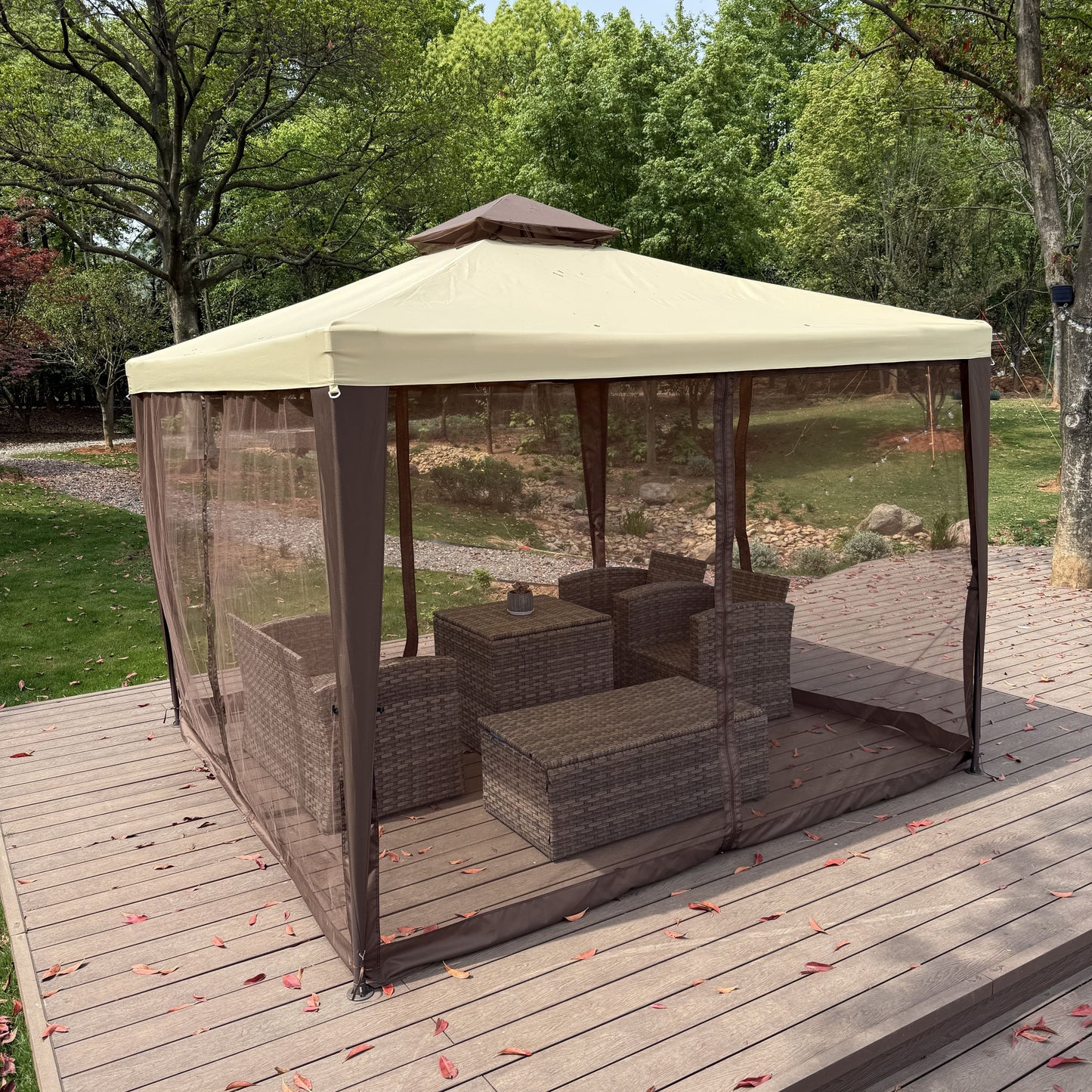 10'x10' Patio Gazebo Tent Outdoor Canopy Shelter w/Mosquito Netting & 2-Tiered Vented Top for Garden, Backyard Deck And Lawns