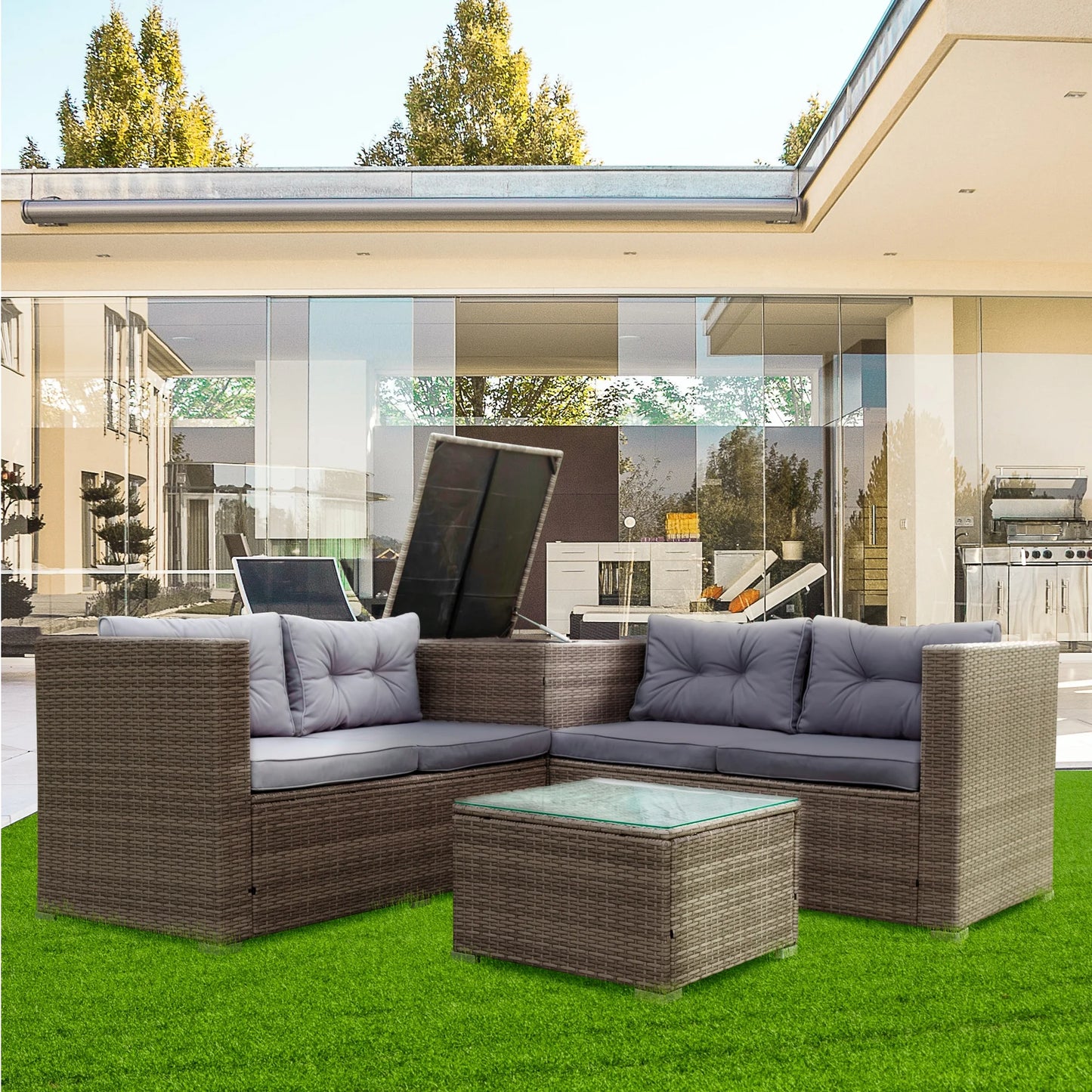 SEGMART 4 Piece Patio Furniture Set, All-Weather Outdoor Sectional Sofa Set, PE Rattan Conversation Set with Storage Box, Table & Cushions, Wicker Furniture Couch Set for Patio Deck Garden