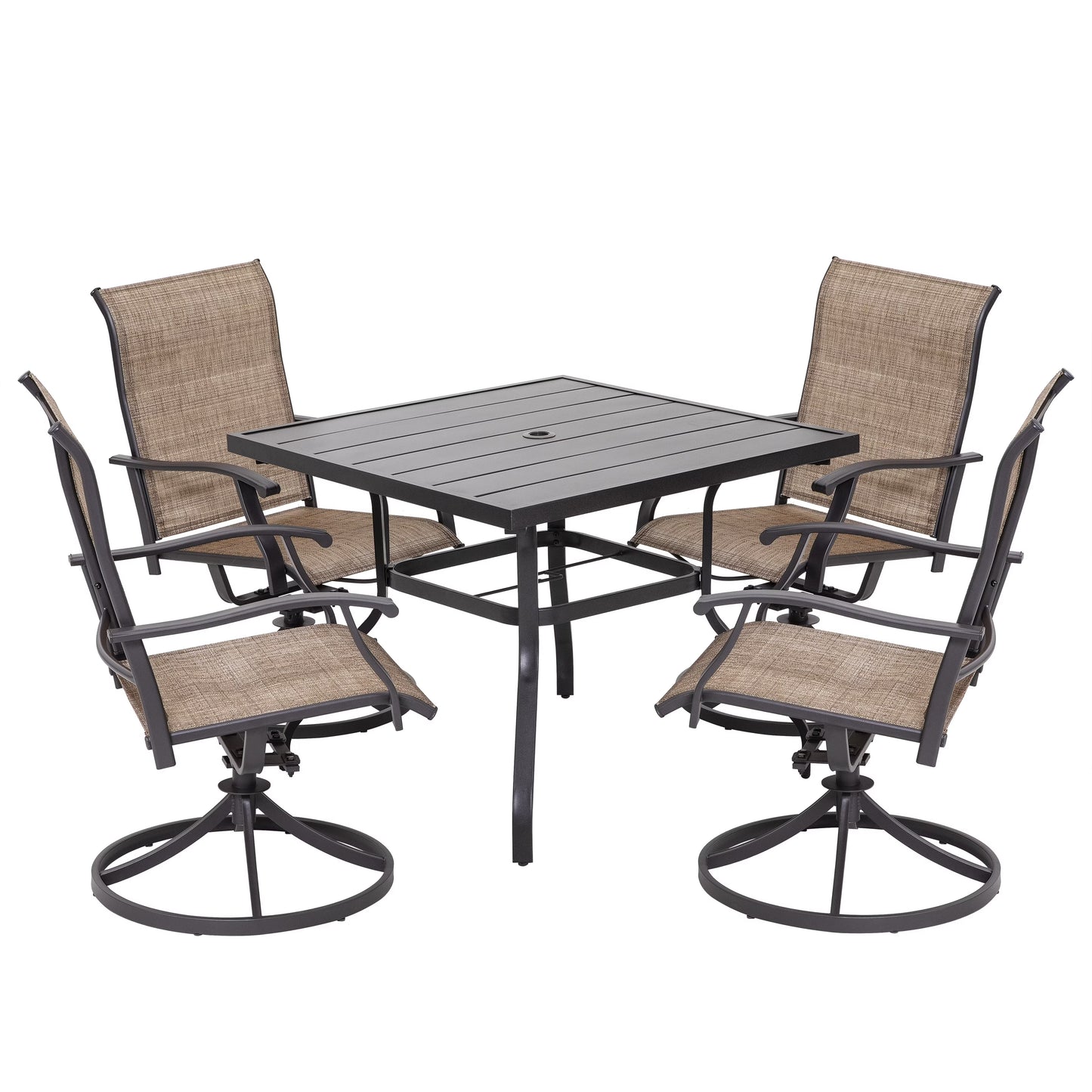 Nuu Garden 5 Piece Outdoor Patio Dining Set, Metal Patio Furniture Set 4 Textilene Swivel Chairs and 37" Square Iron Umbrella Dining Table,Black and Brown
