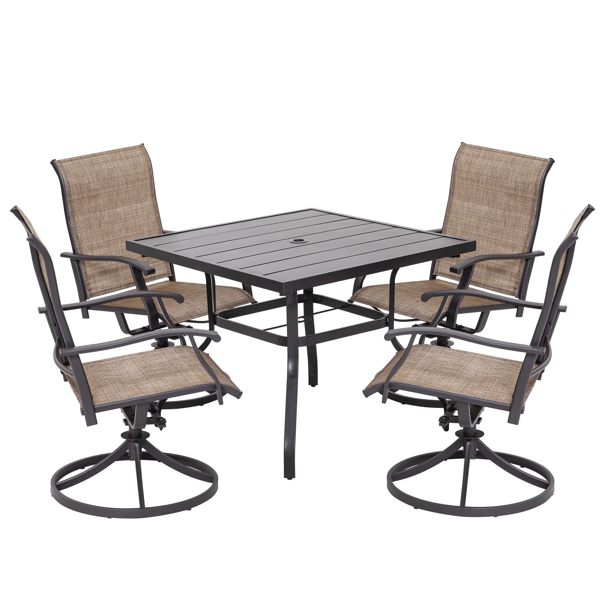 Nuu Garden 5 Piece Outdoor Patio Dining Set, Metal Patio Furniture Set 4 Textilene Swivel Chairs and 37" Square Iron Umbrella Dining Table,Black and Brown