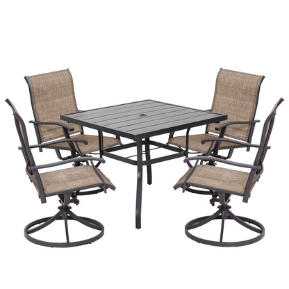 Nuu Garden 5 Piece Outdoor Patio Dining Set, Metal Patio Furniture Set 4 Textilene Swivel Chairs and 37" Square Iron Umbrella Dining Table,Black and Brown
