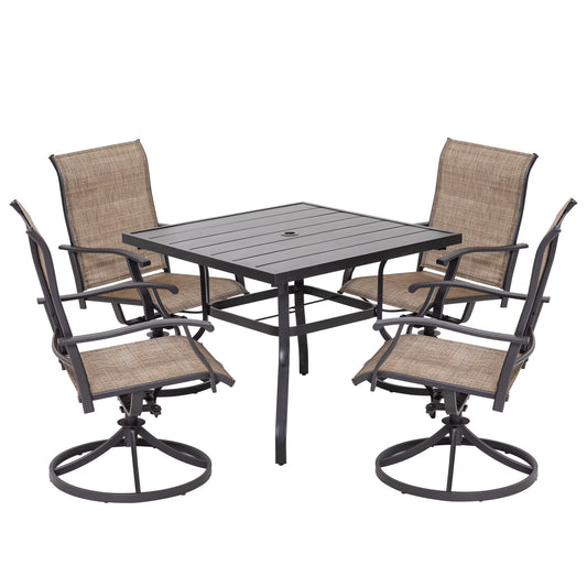 Nuu Garden 5 Piece Outdoor Patio Dining Set, Metal Patio Furniture Set 4 Textilene Swivel Chairs and 37" Square Iron Umbrella Dining Table,Black and Brown