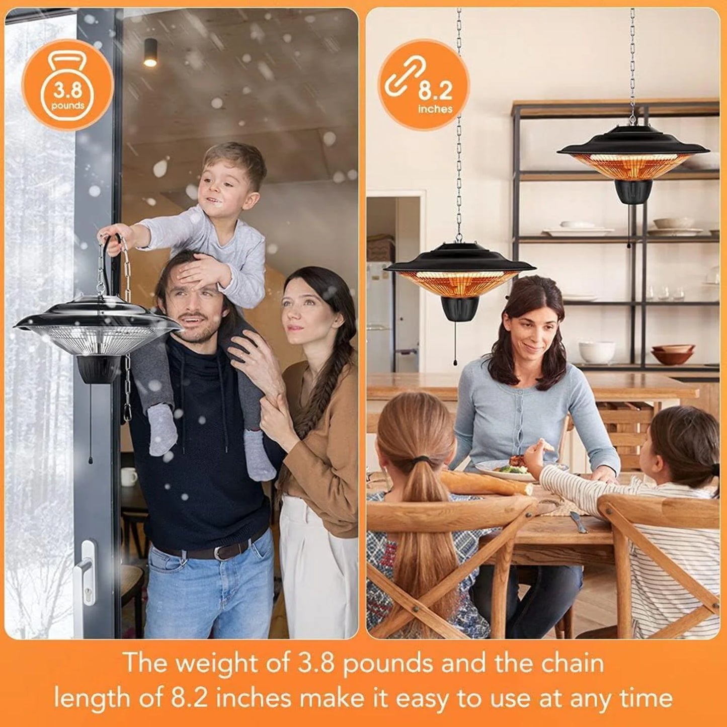 Ecotronic 1500W Halogen Infrared Electric Patio Heater with Adjustable Chain, Indoor/Outdoor Use, Black