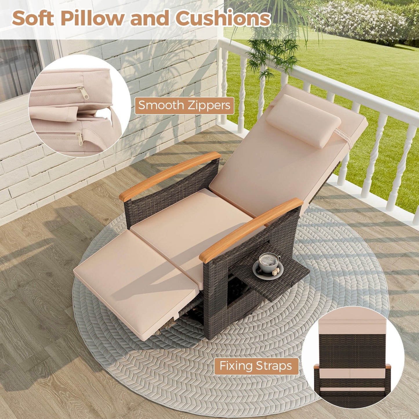 Costway Outdoor 360° Swivel Rattan Recliner Chair Patio Wicker Chaise Lounge Chair Beige