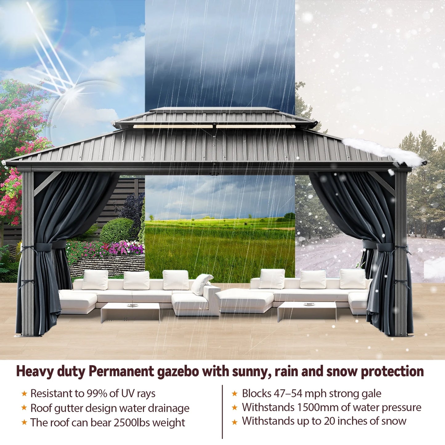 SANOPY 10x15ft Hardtop Gazebo Outdoor with Netting and Curtains Patio Gazebo Canopy Tent for Shade and Rain Double Roof Aluminum Permanent Gazebo Canopy for Garden, Backyard