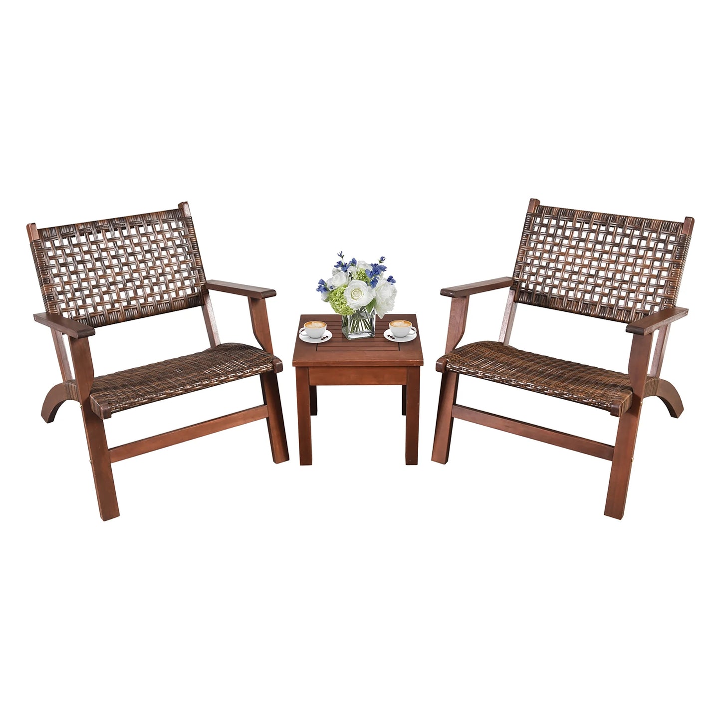 Gymax 3PCS Rattan Patio Chair & Table Set Outdoor Furniture Set w/Wooden Frame