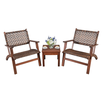 Gymax 3PCS Rattan Patio Chair & Table Set Outdoor Furniture Set w/Wooden Frame