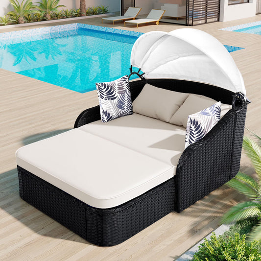 Harper & Bright Designs Rattan Outdoor Double Lounge Chaise 2-Person PE Wicker Outdoor Patio Sunbed with Canopy Cover for Backyard Garden Balcony, Beige+Black