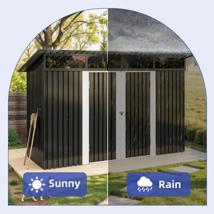 ModFusion 9x4 ft Outdoor Metal Storage Shed with Lockable Double Doors, Acrylic Glass Windows, Steel Roof, Garden Patio Bikes, Skylight, Dark Gray