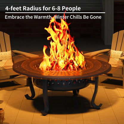 43 Inch Fire Pit with 2 Grill, Outdoor Wood Burning Firepit with Lid, Metal Round Table for Backyard Patio Garden Picnic Camping Bonfire