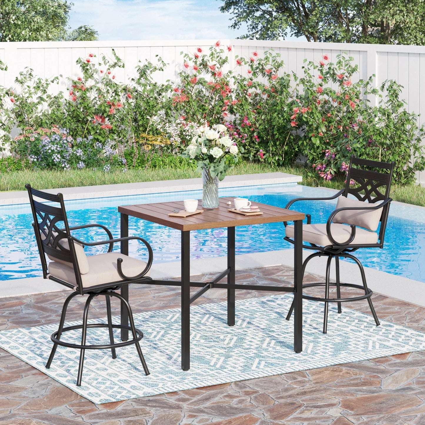 Veransa Vista 2 Piece Patio Outdoor Swivel Bar Stools Metal Counter Height Chairs with Cushions