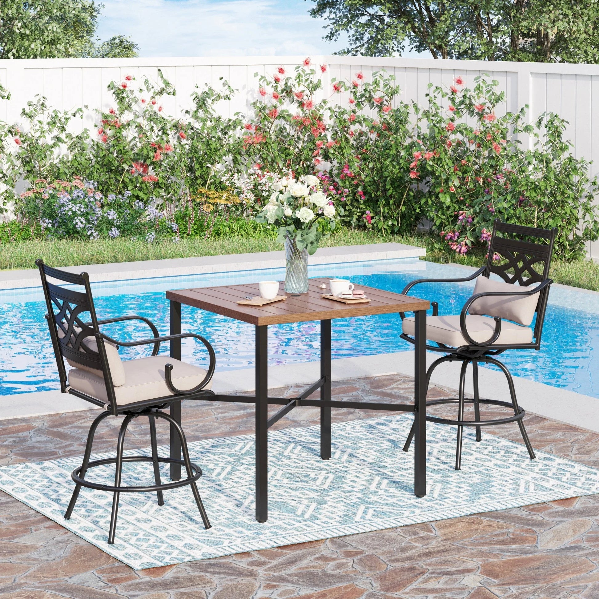 Veransa Vista 2 Piece Patio Outdoor Swivel Bar Stools Metal Counter Height Chairs with Cushions