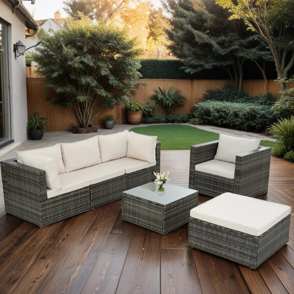 Highsound 6 Piece Patio Furniture Sets, All Weather PE Wicker Rattan Outdoor Sectional Sofa Conversation Couch with Glass Table, Cushions and Ottoman, for Lawn, Garden, Backyard, Beige