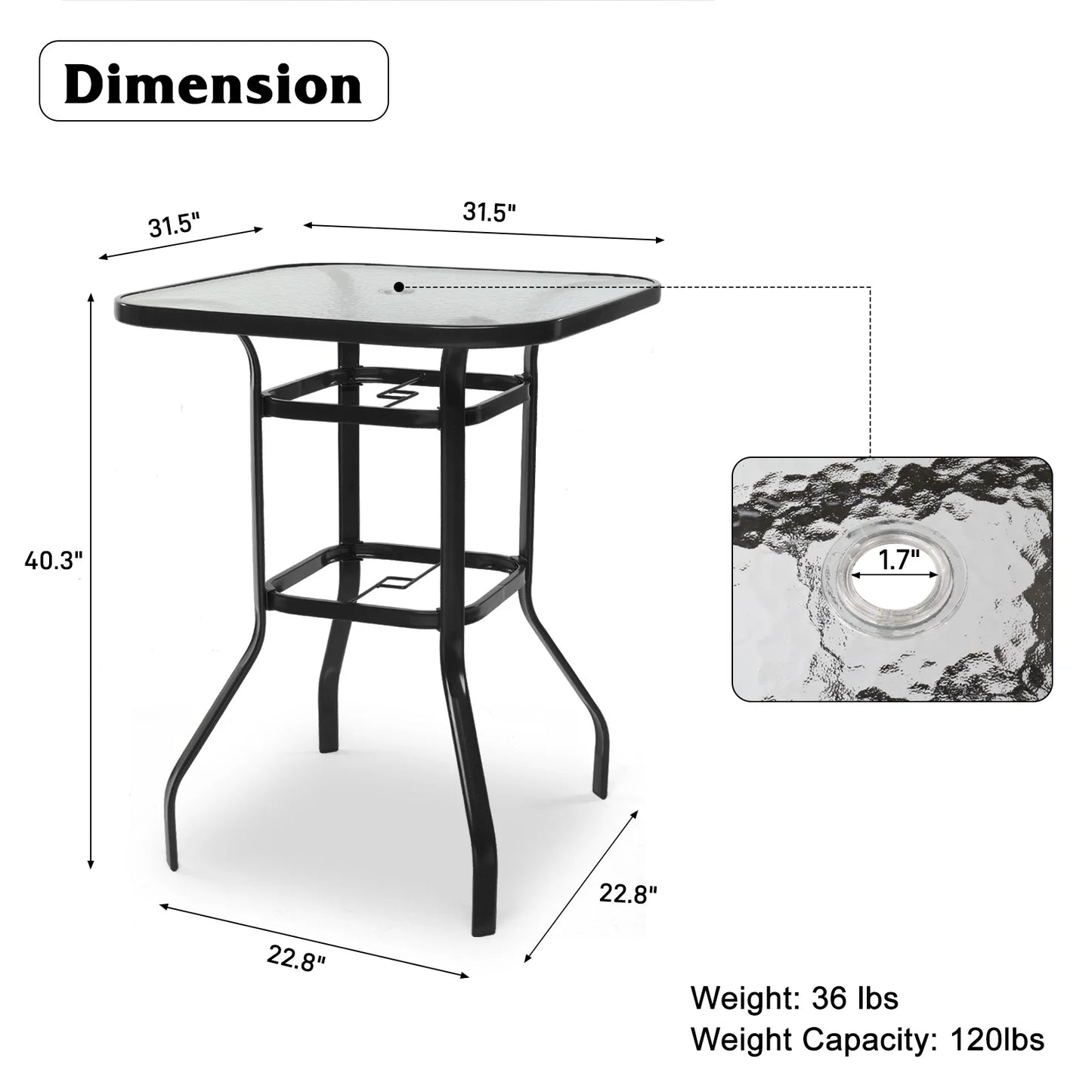 Ktaxon 31 Inch Patio Bar Table, Square Outdoor Bar Height Bistro Table with Tempered Glass Tabletop & Umbrella Hole, Outdoor Cocktail Table for Patio Yard Poolside, Brown