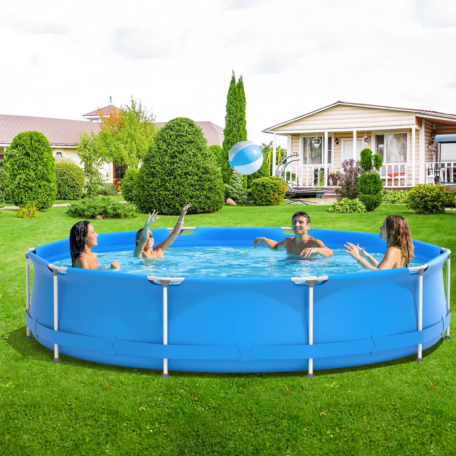 Infans Round Above Ground Swimming Pool Patio Frame Pool W/Pool Cover Iron Frame Blue
