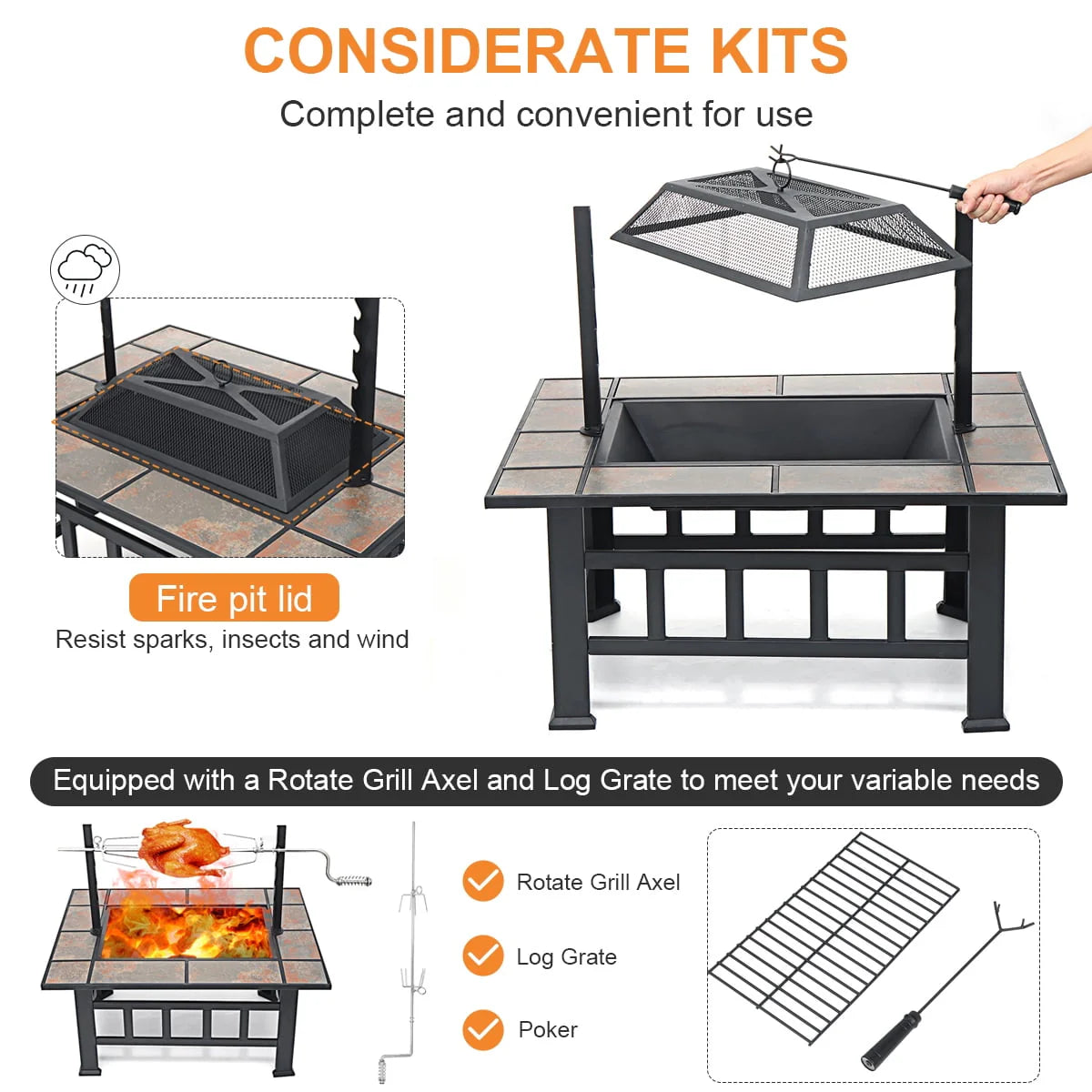 Fire Pits For Outside 37 inch Wood Burning Fire Pit Table With BBQ Grill Cooking Grate Lid Outdoor Fireplace Metal Square Tile Top Firepit Patio Backyard Garden,Black