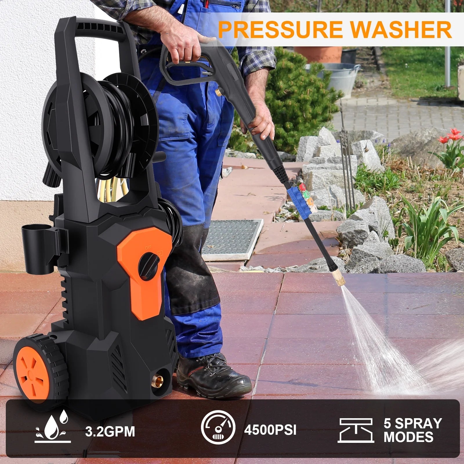 Electric Pressure Washer, 4500PSI Max 3.2 GPM 33FT Hose w/Hose Reel , 4 Connect Nozzles Foam Cannon for Cars, Fences, Driveways, Patios, Home Cleaning