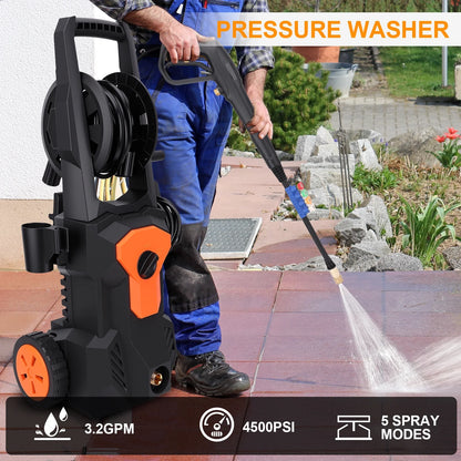 Electric Pressure Washer, 4500PSI Max 3.2 GPM 33FT Hose w/Hose Reel , 4 Connect Nozzles Foam Cannon for Cars, Fences, Driveways, Patios, Home Cleaning