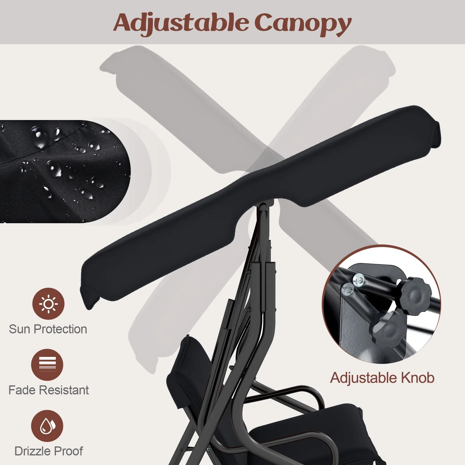 Costway Patio 3 Seats Canopy Porch Swing Glider Hammock Cushioned Steel Frame Outdoor Black