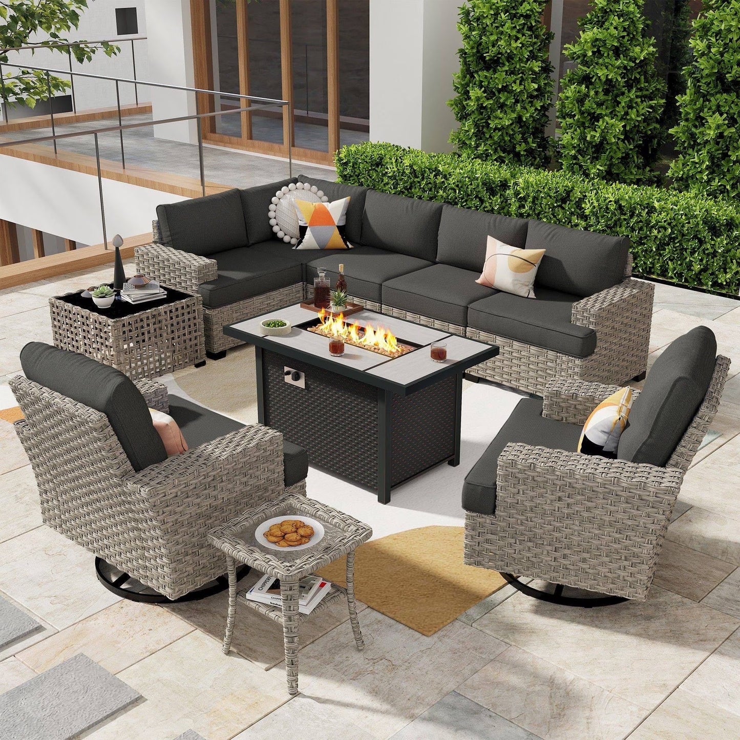 Ovios 10 Pieces Outdoor Patio Furniture Modern High-Back All-Weather Wicker Sectional Conversation Set with Propane Fire Pit Table & Swivel Chair, Dark Gray