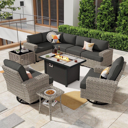 Ovios 10 Pieces Outdoor Patio Furniture Modern High-Back All-Weather Wicker Sectional Conversation Set with Propane Fire Pit Table & Swivel Chair, Dark Gray